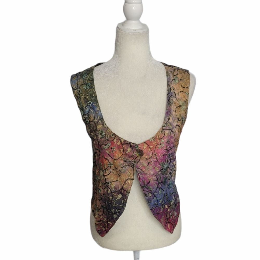 CARTER & TERI Shibori vest hand dyed silk embroidered‎ tie back multicolor S